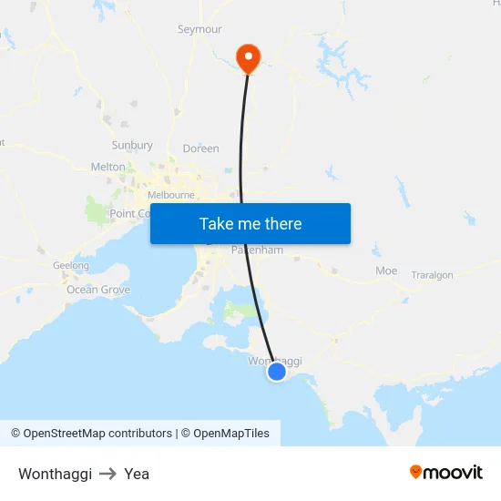 Wonthaggi to Yea map