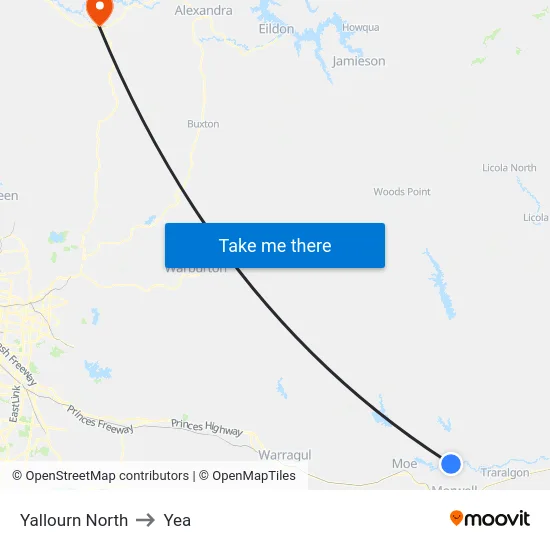 Yallourn North to Yea map