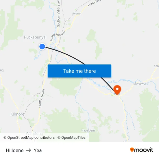 Hilldene to Yea map