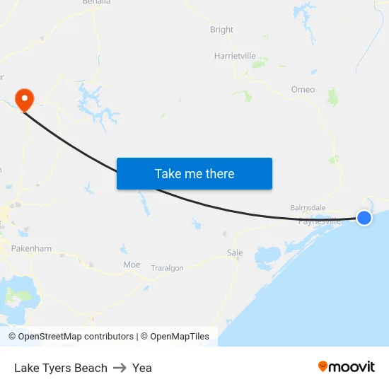 Lake Tyers Beach to Yea map