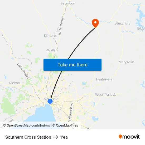 Southern Cross Station to Yea map