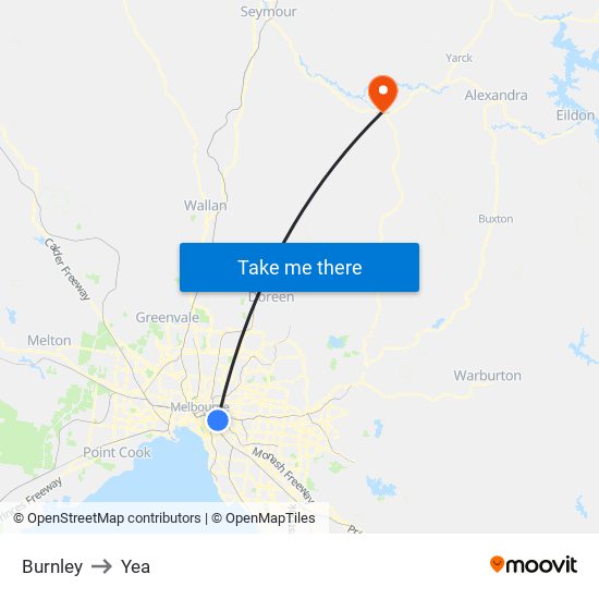Burnley to Yea map