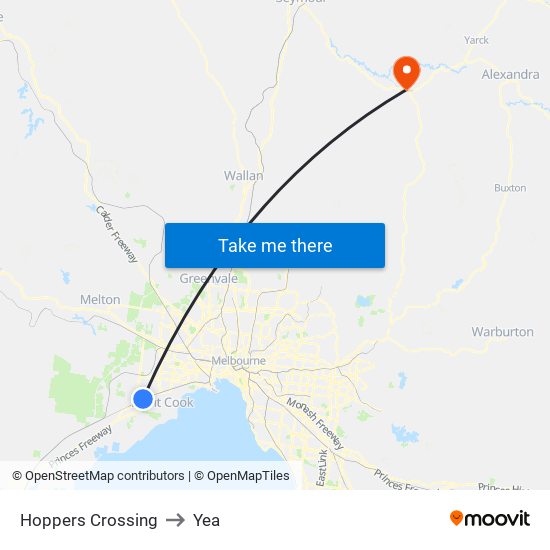 Hoppers Crossing to Yea map