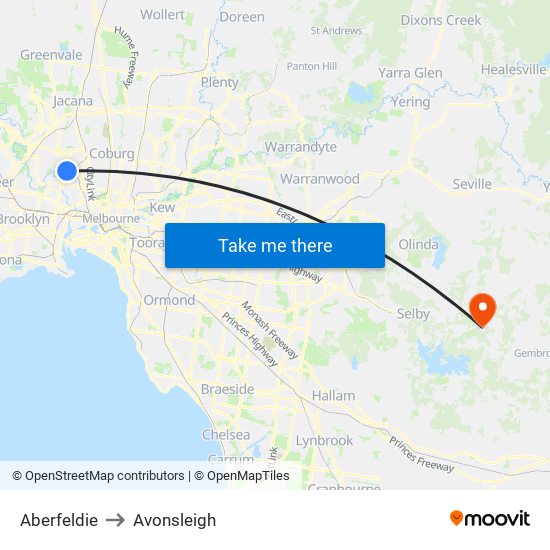 Aberfeldie to Avonsleigh map