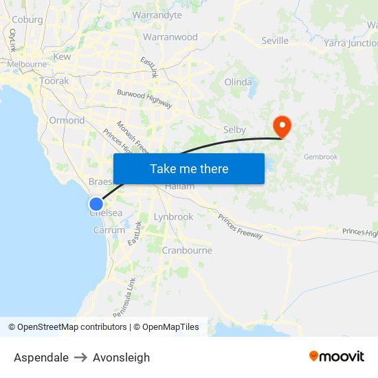 Aspendale to Avonsleigh map
