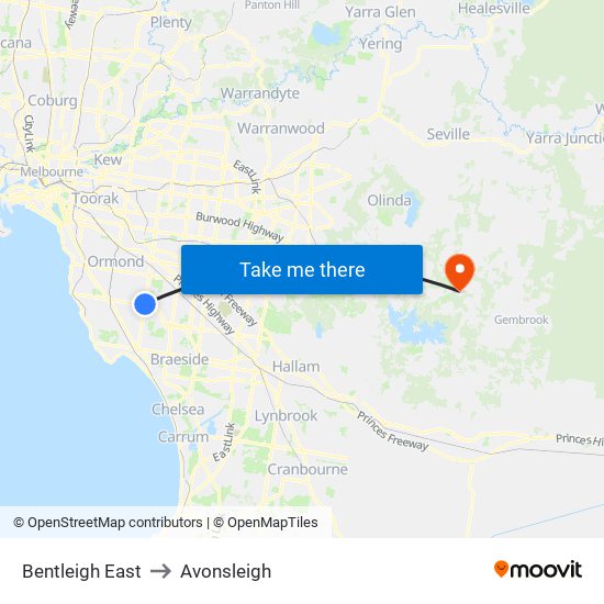 Bentleigh East to Avonsleigh map