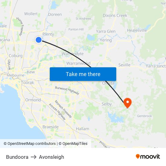 Bundoora to Avonsleigh map