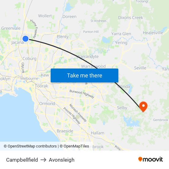 Campbellfield to Avonsleigh map