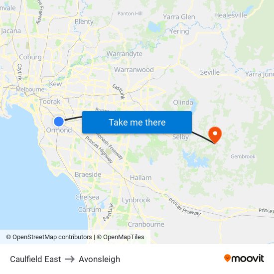 Caulfield East to Avonsleigh map