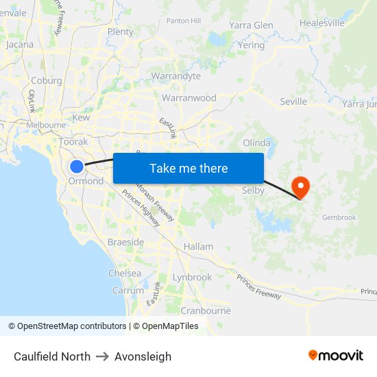 Caulfield North to Avonsleigh map