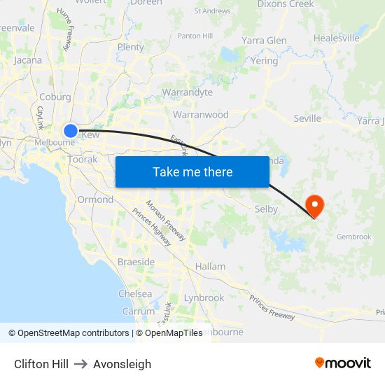 Clifton Hill to Avonsleigh map