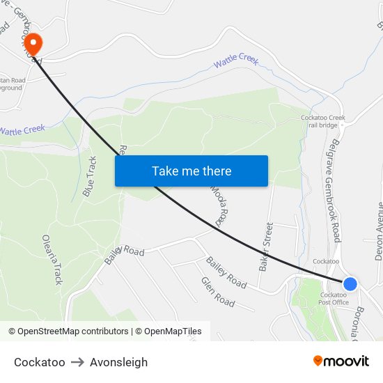 Cockatoo to Avonsleigh map