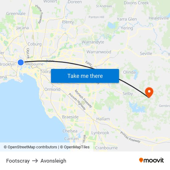 Footscray to Avonsleigh map