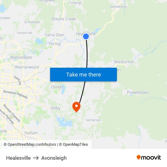 Healesville to Avonsleigh map