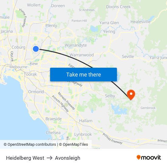 Heidelberg West to Avonsleigh map