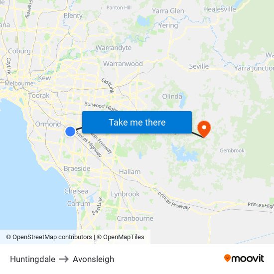 Huntingdale to Avonsleigh map