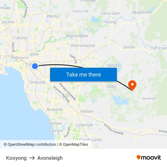 Kooyong to Avonsleigh map