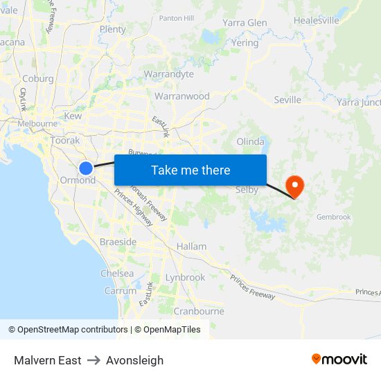 Malvern East to Avonsleigh map