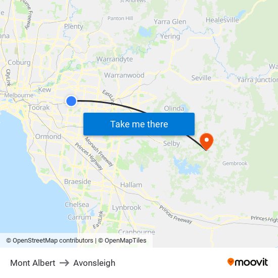 Mont Albert to Avonsleigh map