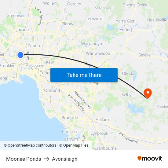 Moonee Ponds to Avonsleigh map
