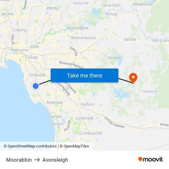 Moorabbin to Avonsleigh map