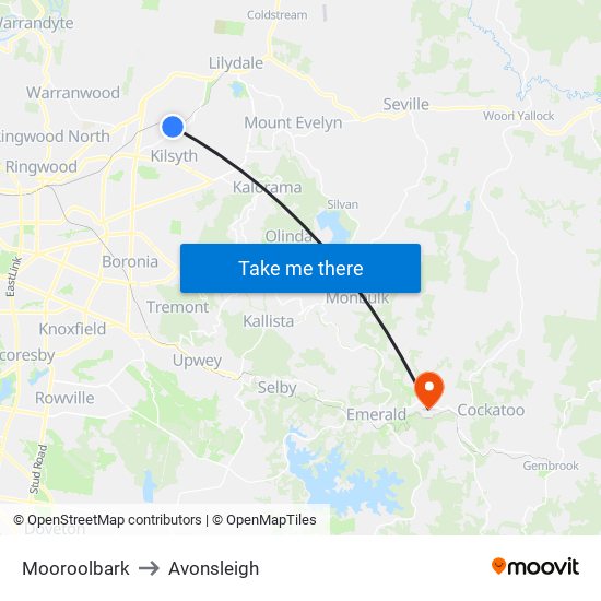 Mooroolbark to Avonsleigh map