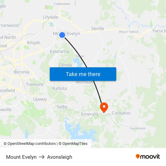 Mount Evelyn to Avonsleigh map