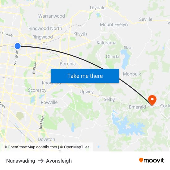 Nunawading to Avonsleigh map