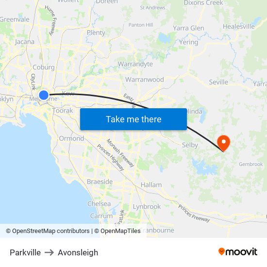 Parkville to Avonsleigh map