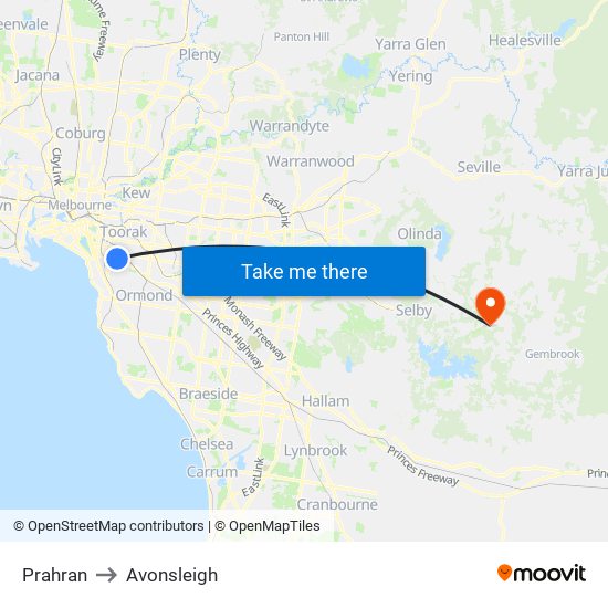 Prahran to Avonsleigh map