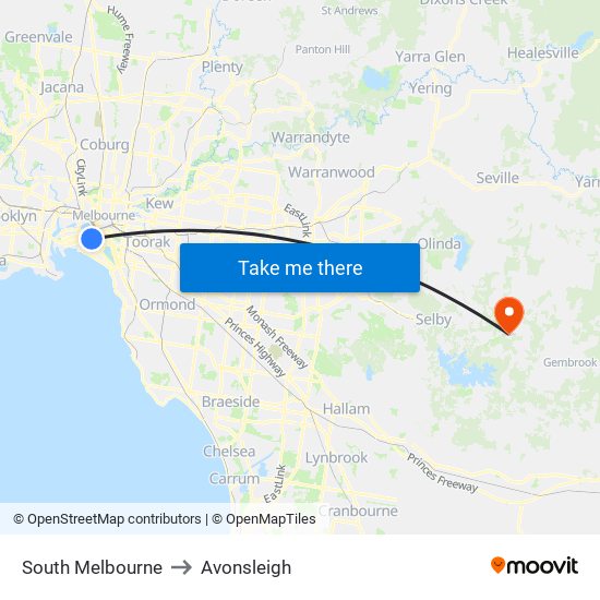 South Melbourne to Avonsleigh map