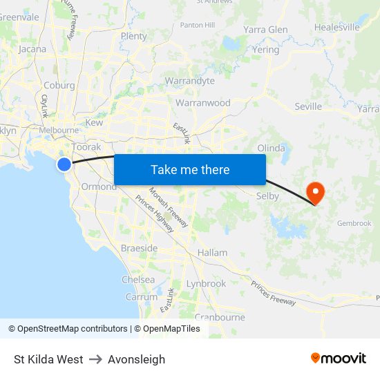 St Kilda West to Avonsleigh map