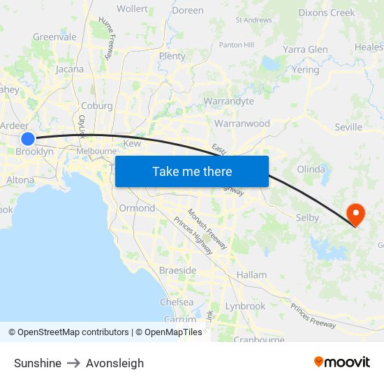 Sunshine to Avonsleigh map