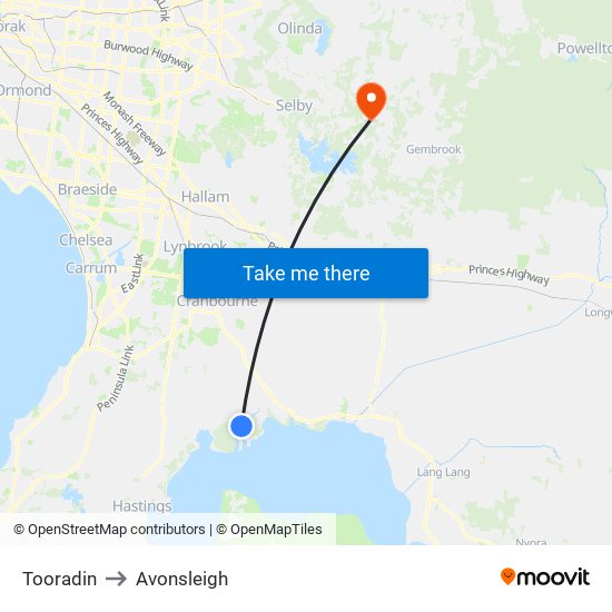 Tooradin to Avonsleigh map