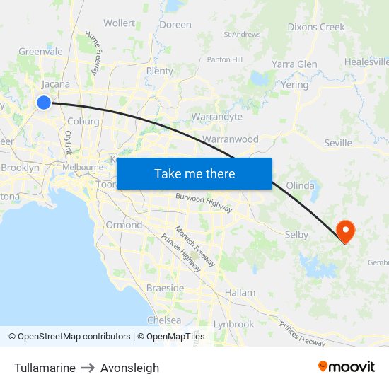 Tullamarine to Avonsleigh map