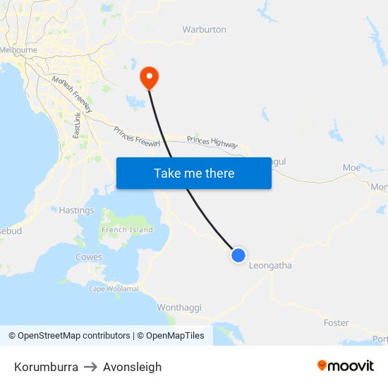 Korumburra to Avonsleigh map