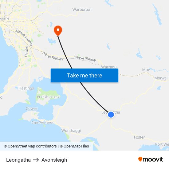 Leongatha to Avonsleigh map