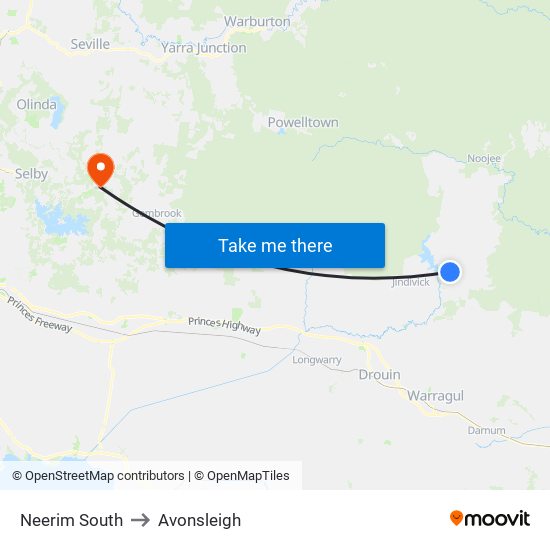 Neerim South to Avonsleigh map