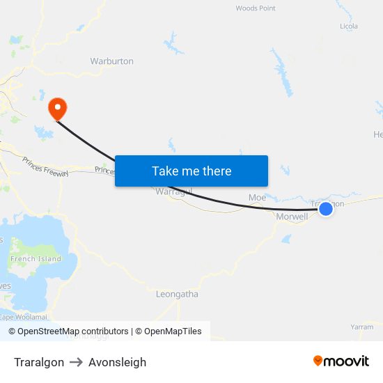 Traralgon to Avonsleigh map