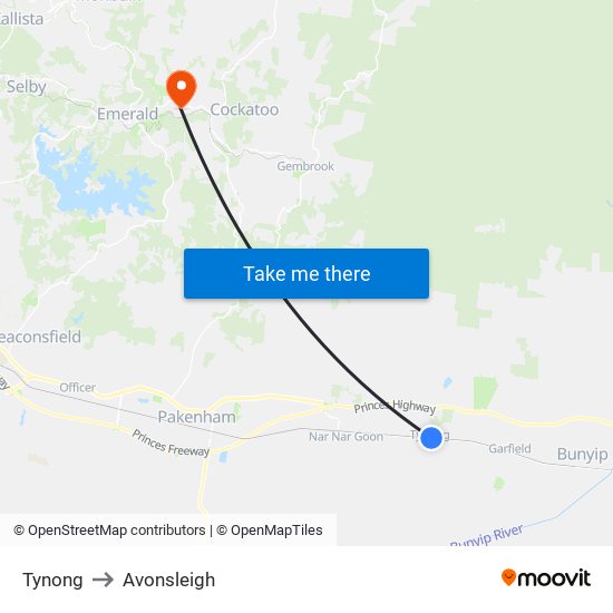 Tynong to Avonsleigh map