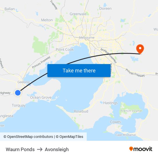 Waurn Ponds to Avonsleigh map