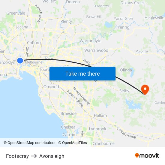 Footscray to Avonsleigh map