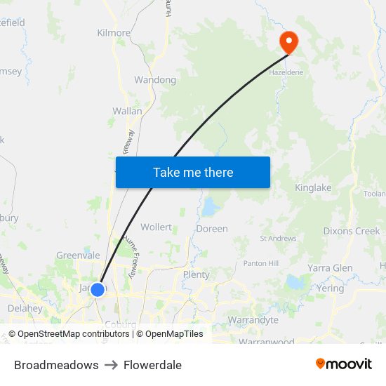 Broadmeadows to Flowerdale map