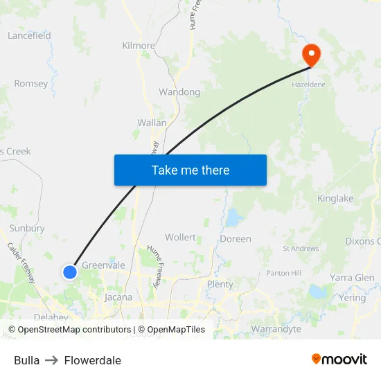 Bulla to Flowerdale map