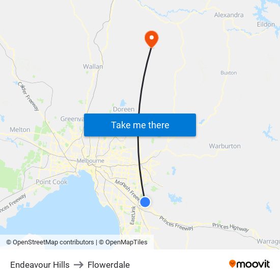 Endeavour Hills to Flowerdale map