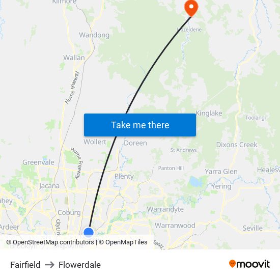 Fairfield to Flowerdale map