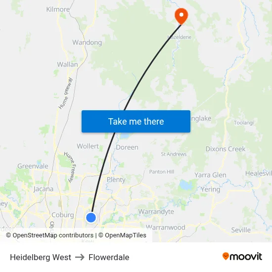 Heidelberg West to Flowerdale map
