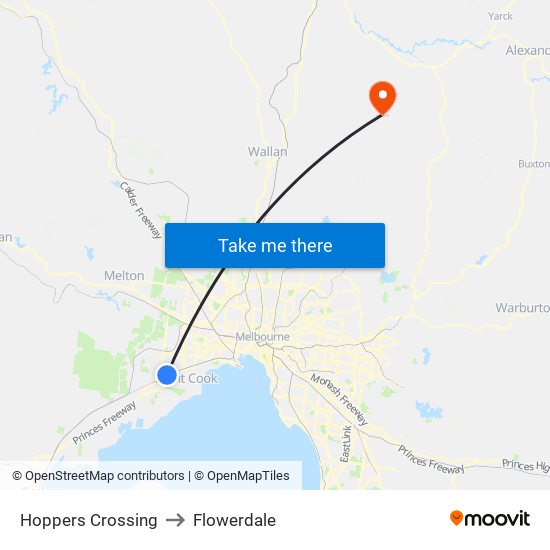 Hoppers Crossing to Flowerdale map