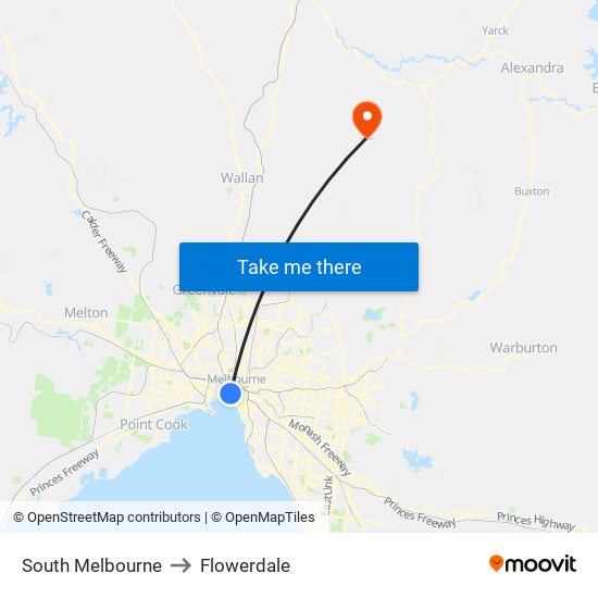 South Melbourne to Flowerdale map