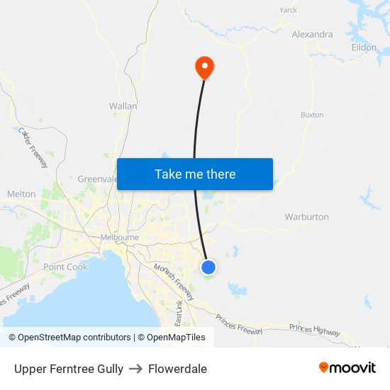 Upper Ferntree Gully to Flowerdale map